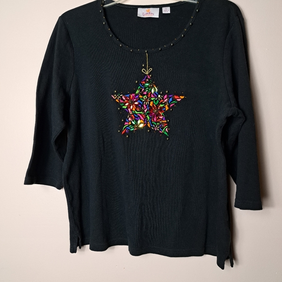 Quacker Factory Embellished Bead Embroidered Colorful Star Black Top Size Large - Picture 2 of 12